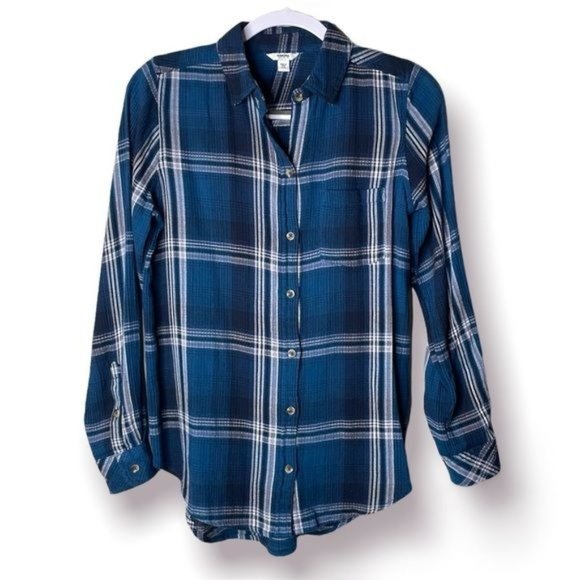 Sonoma Tops - Sonoma Size XS Blue White Plaid Knit Soft Slouchy Western Rodeo Button Down